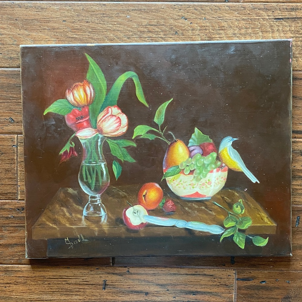 Vibrant Still Life Painting with Flowers and Fruit
